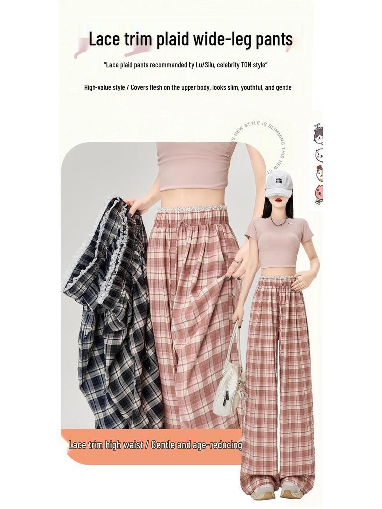 Karierte High-Waist Weitbeinige Freizeithose für Damen mit Spitzenbesatz
