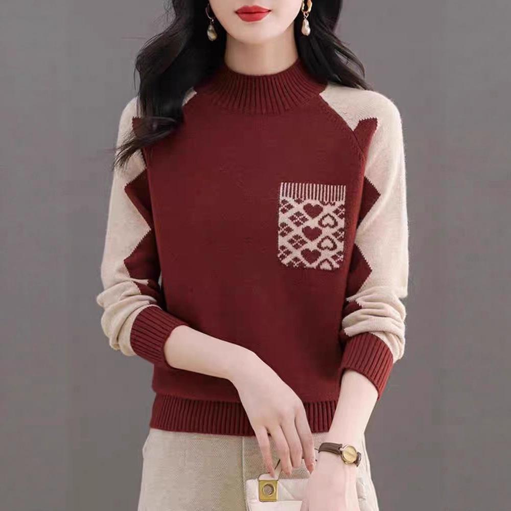 

Многоцветный свитер женский с полувысоким воротником, пуловер, утолщенный вязаный свитер, внутренний топ, свободный, осенне-зимний трикотаж One Size вино красного