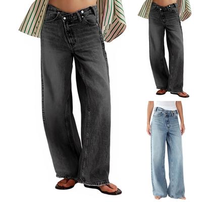 Γυναικείο Casual Μονόχρωμο Ελαστική Μέση Τσέπες Ίσιο Παντελόνι Τζιν Φαρδύ Πόδι