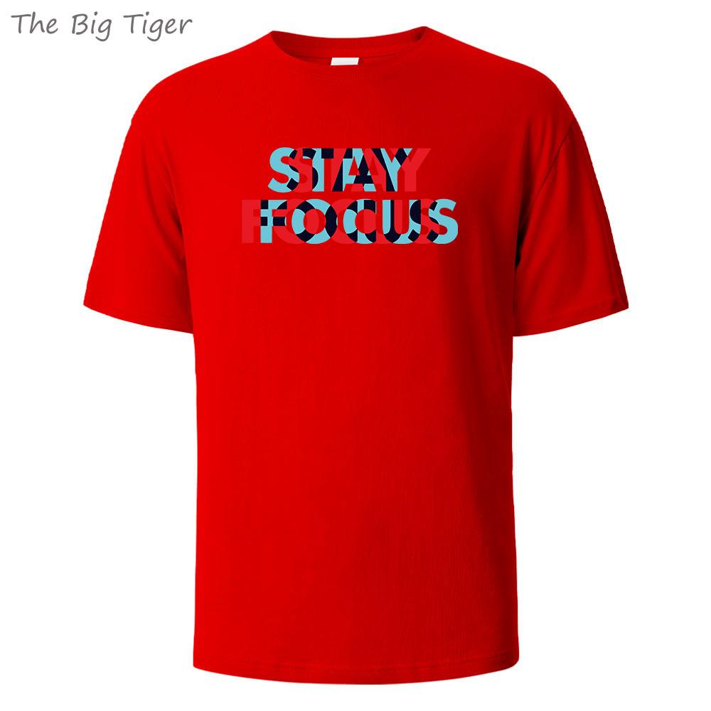 Stay Focus Painting Soft Cotton Tshirt For Men Breathable Fabric Relaxed Fit Crew Neck Simple Basic Mens Tshirt Fashion Tops