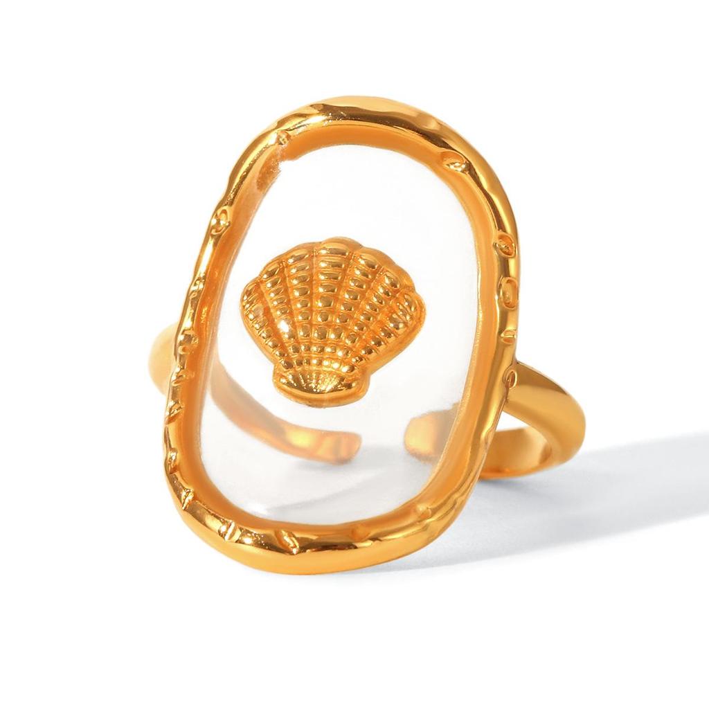 Luxurious European-American 18k Gold Titanium Steel Seashell Epoxy Open Ring for Women