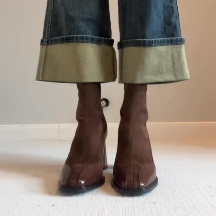 Francuskie Vintage Łączone Brązowe Elastyczne Obcisłe Kozaki Damskie Zamek z Tyłu na Główce Wysoki Obcas Krótkie Kozaki Małe Skarpety Kozaki