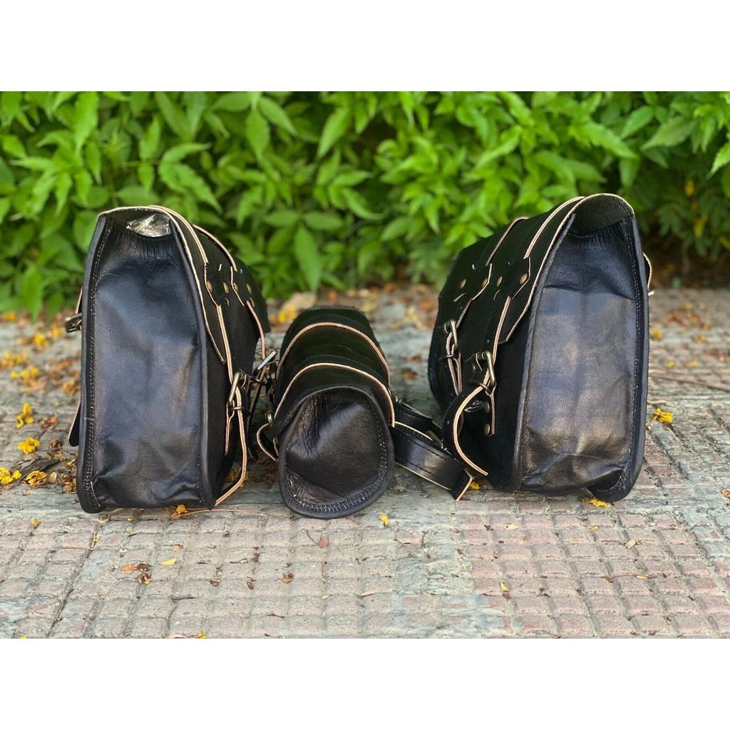 Combo Pack Of 3 Real Black Leather Motorcycle Saddle Bags 3 Side Pouch Panniers