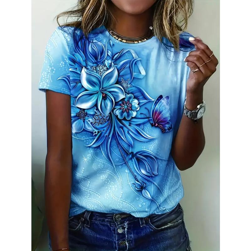 Summer Round Neck Solid Color Short Sleeved Top 3D Flower Pattern Printed Women's T-shirts