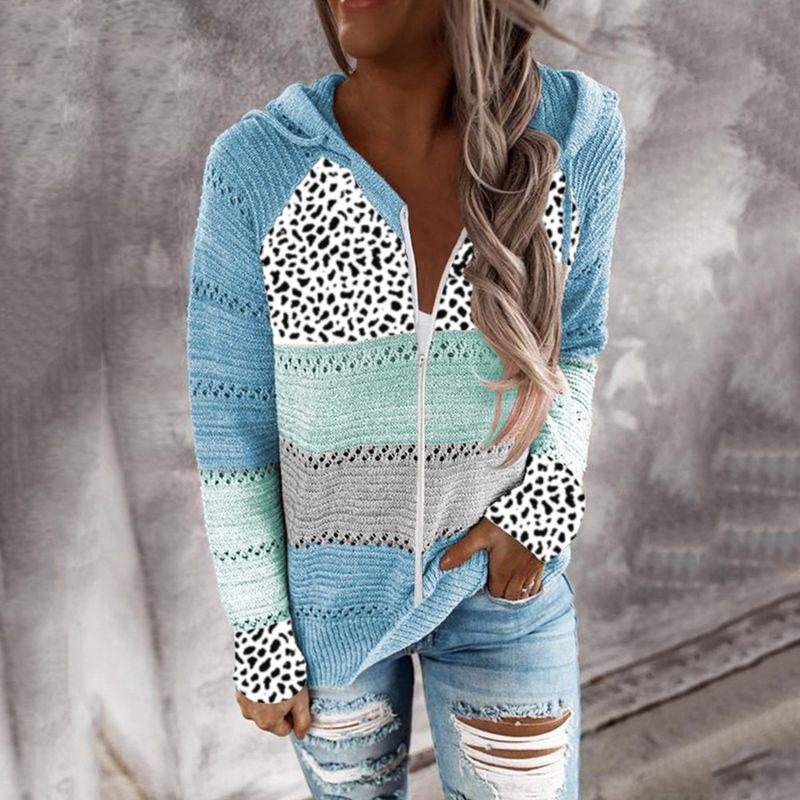 

New New Striped Hooded Jacket Leopard Sweater Leopard-Print Sweater Light blue S