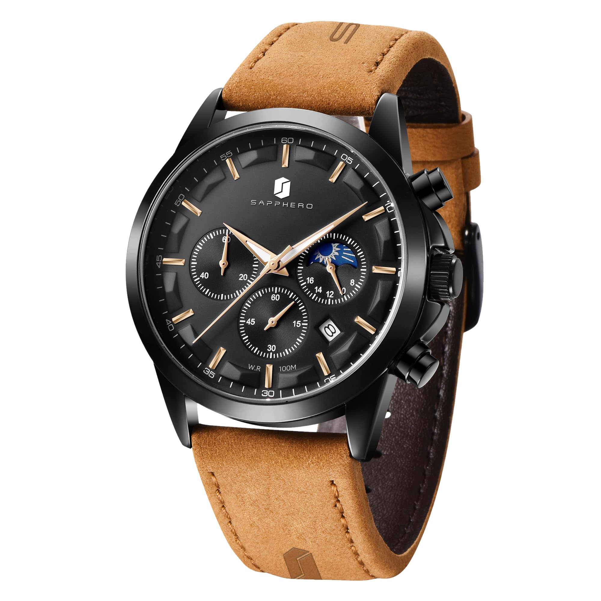

SAPPHERO Men s Chronograph Analog Watch, 30M Water Resistant, Simple, Stylish, Popular, Formal, Leather Strap Quartz Movement, Men s Watch