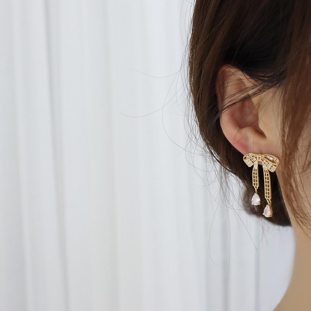 Exquisite Copper Inlaid Zirconium Sweet Bow Earrings 14K Real Gold Plated Women's Prom Party Wedding Earrings Korean Jewelry