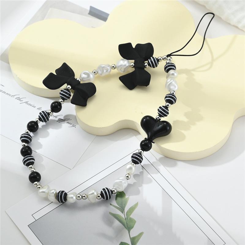 Luxury Pearl Bow Beaded Phone Lanyard - Women s Anti-Lost Wrist Strap Black and White Patterned Pearl Bow