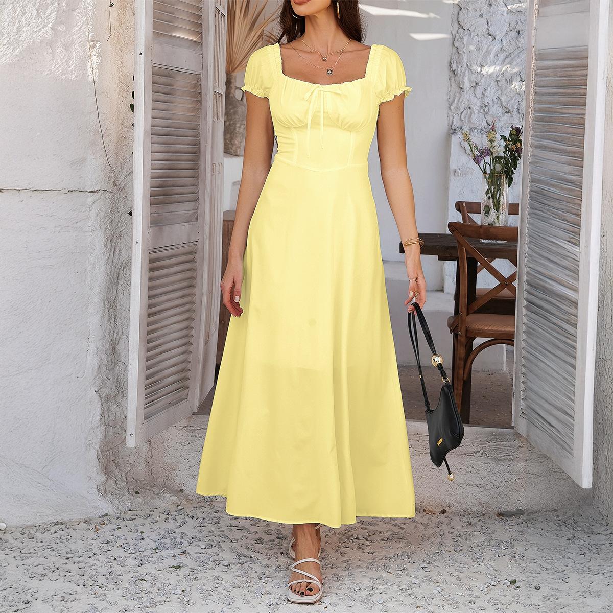 

Женские элегантные однотонные платья с завязками, кулиской и рукавами-пузырями во французском стиле XL жёлтый