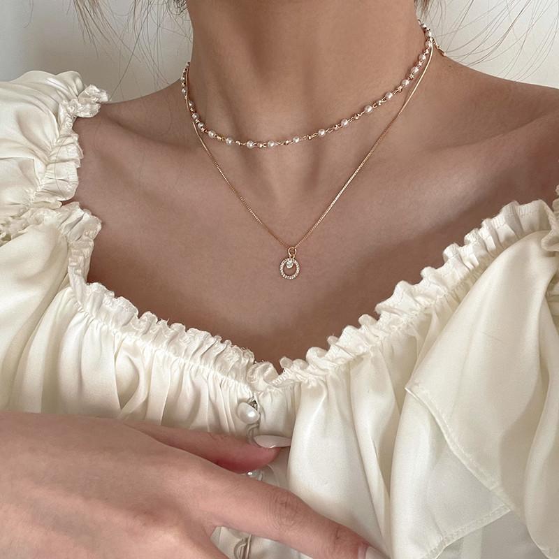 Double-layered Pearl Ring Pendant Necklace - Fashionable Accessory for Women, Collar Chain, Elegant Neck Chain