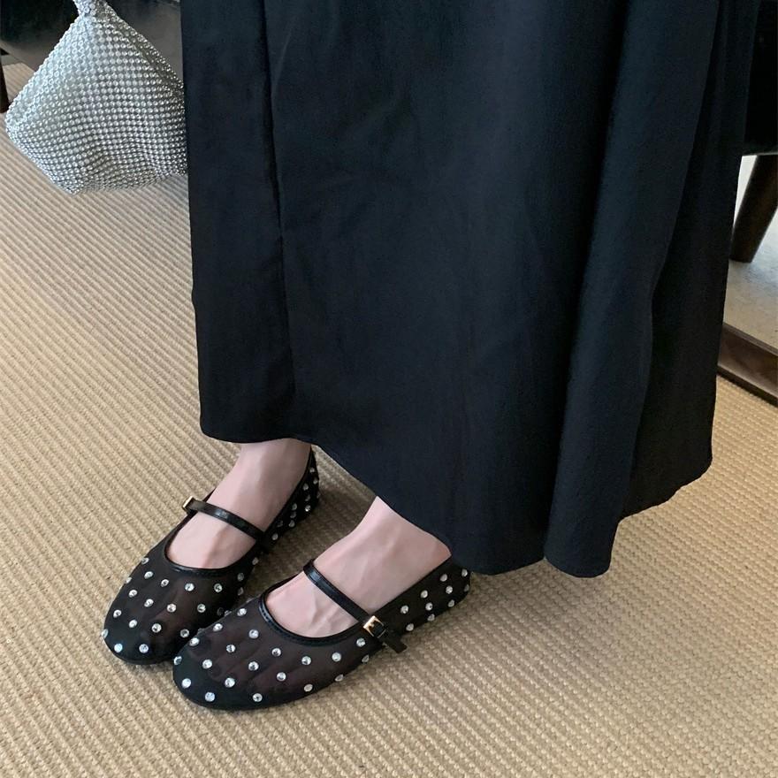 2025 Summer New Niche Flats Soft-soled Mesh Sandals Fairy Rhinestone One-word Buckle Fashion Shoes