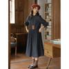 Johnature Japanese Literary Round Neck Dark Blue Tie Crew Neck Long Sleeve Dresses Spring Casual Dress Women