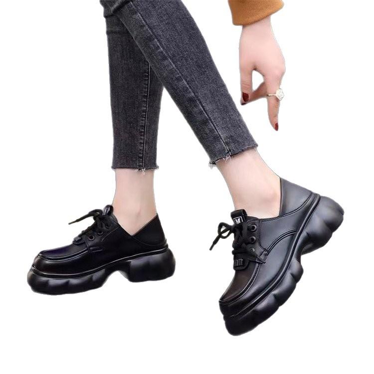 Platform Loafers Small Leather Shoes Women's 2025 New Autumn Fashion Casual Versatile Lace-up British Height-increasing Single Shoes