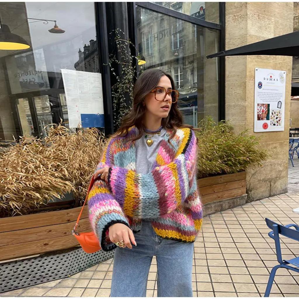 Women Cardigan Sweater Colorful Striped Knitted Coats Long Sleeve Knitwear Jackets Fall Winter Casual Versatile Cardigan