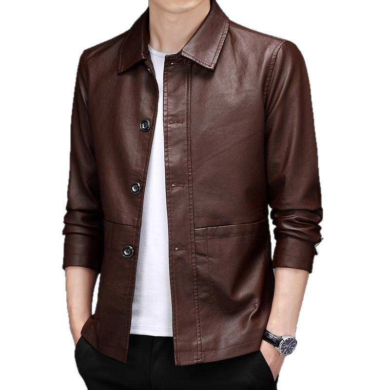Jacket men's pu leather spring and autumn jacket middle-aged dad jacket solid color lapel leather jacket men
