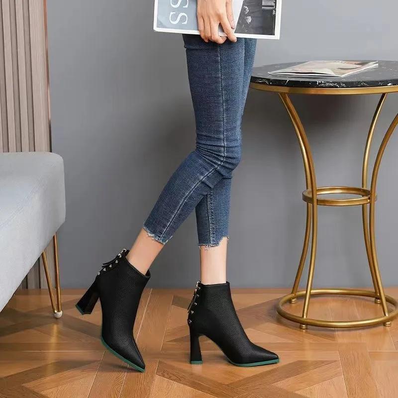Fashion Ankle Boots for Women Very High Heels Woman Short Shoes Studded Leather Pointed Toe Booties Heeled on Offer Designer Luxury Sale