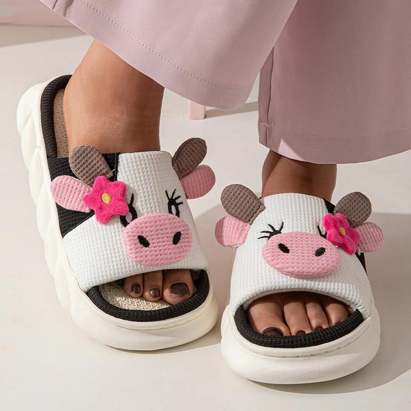 Fashion Cute Cow Thick Bottom Linen Slippers Women 2025 Winter Comfort Home Cotton Slippers Woman Flat Heels Non Slip Indoor Shoes Slide