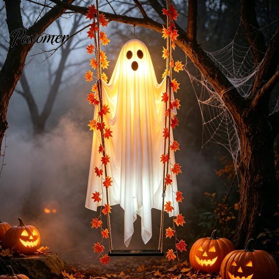 Autumn Garden Landscaping Props Halloween Hanging Swing Ghost Decoration with Maple Leaf, LED Lighted Large Spooky Funny White Ornament Swinging