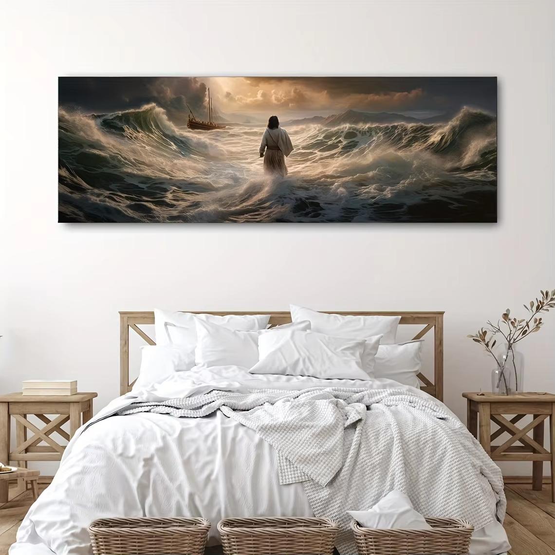 

1pc Jesus Walking on Water Canvas Art Print - Frameless, Transverse Orientation, Classic Religious Christian Wall Decor, Inspira (as the picture,50x100cm No Frame)