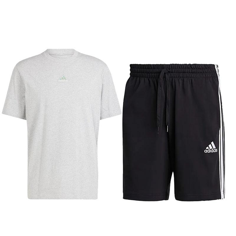

Adidas Удобная универсальная футболка с круглым вырезом и коротким рукавом, полосатый дизайн, шорты со шнуровкой и средней талией, повседневный спортивный комплект, комплекты унисекс IS1474+GK9988 S