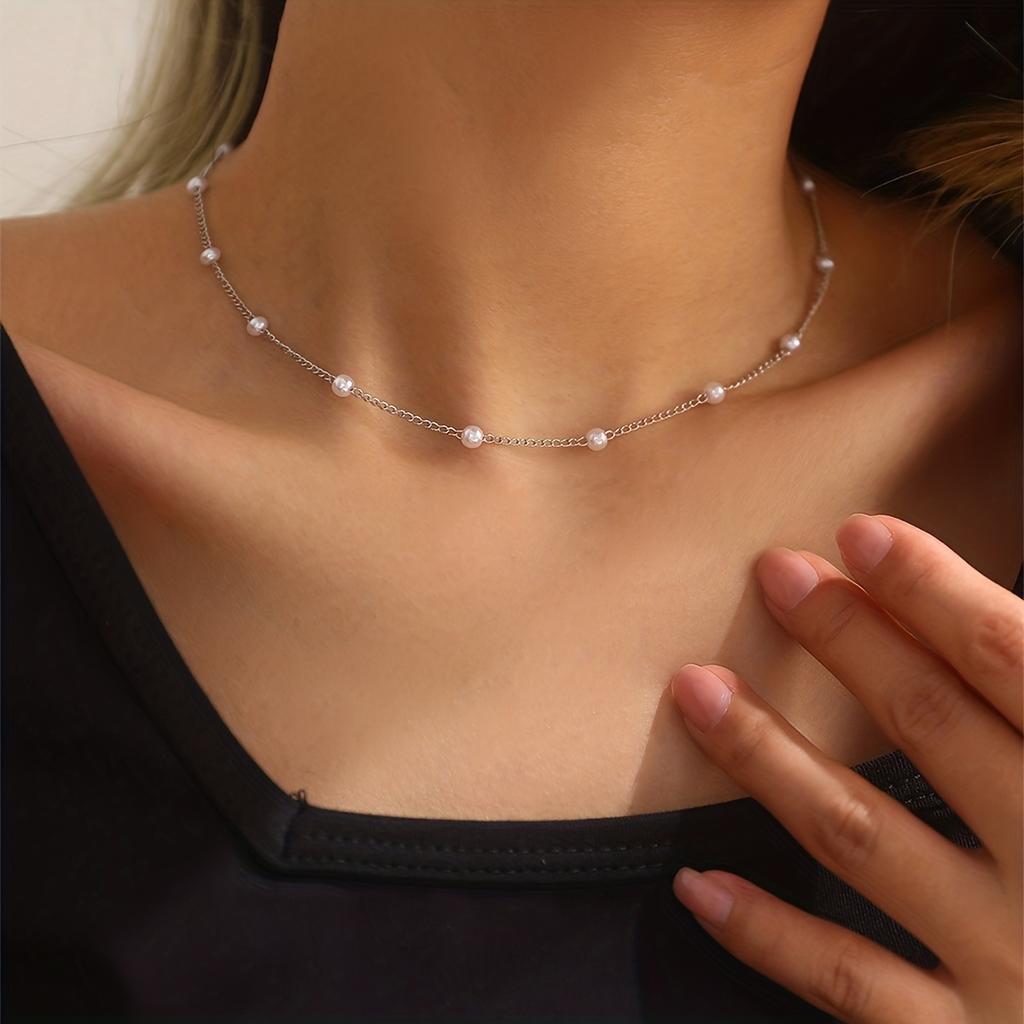 Simple Sexy Cute Handmade Imitation Pearl Beaded Collarbone Chain Necklace for Women Daily Gift