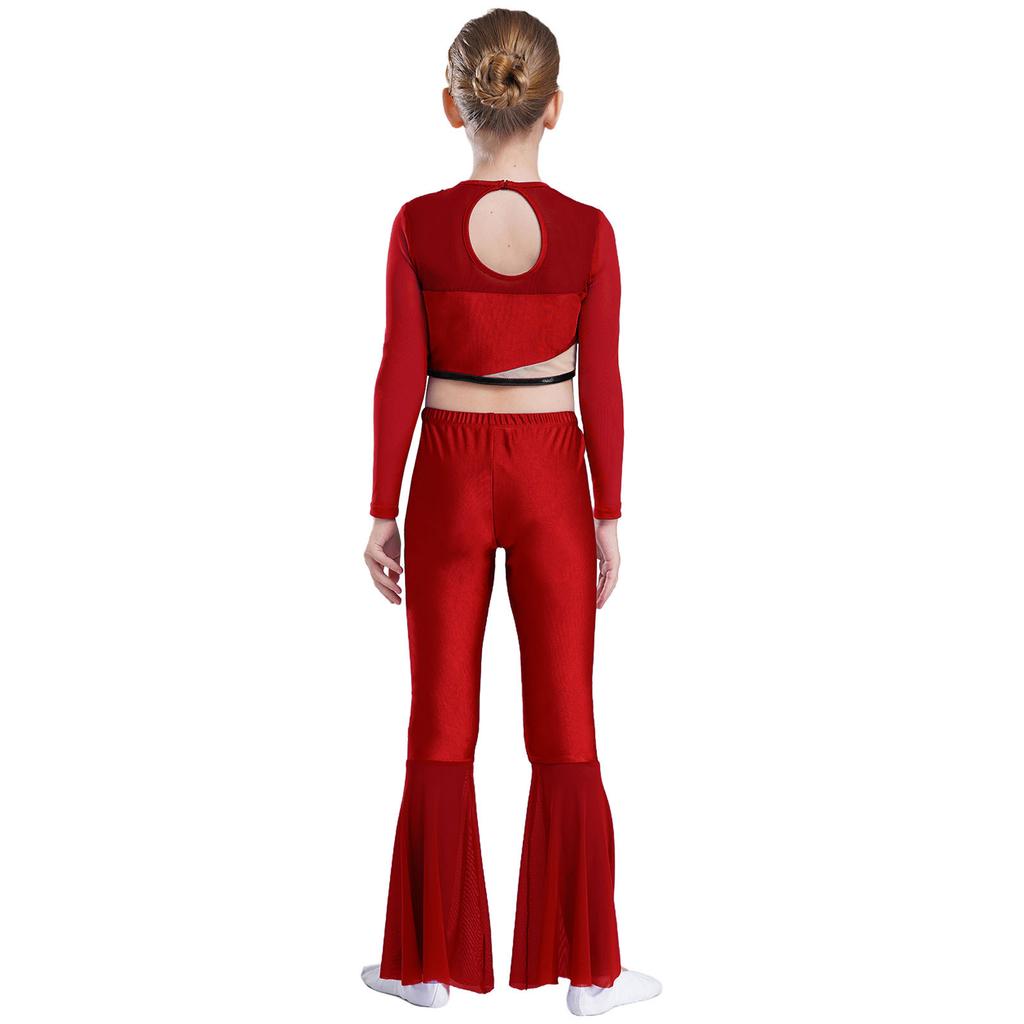 Girls Metallic Sequin Dance Set Long Sleeve Crop Top Paired with Sheer Mesh Bell Bottom Pants Performance Outfit