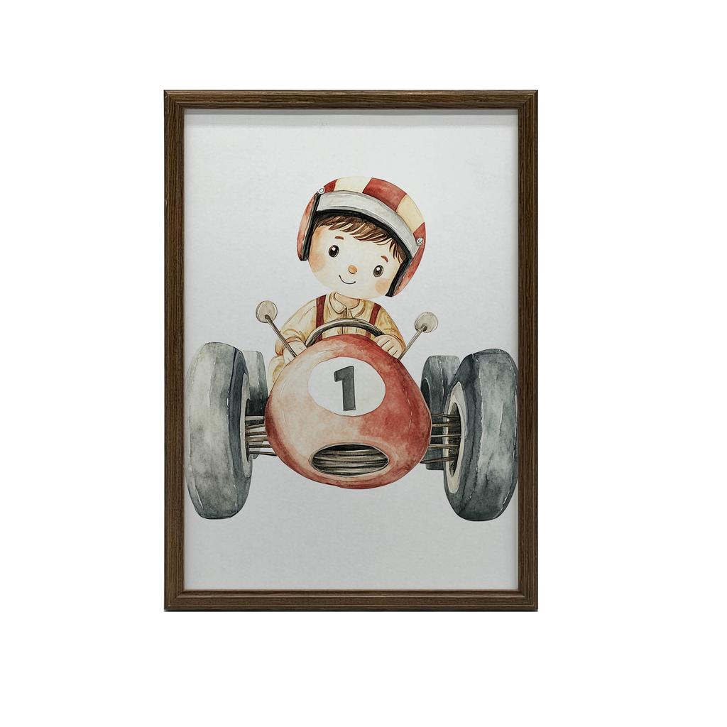Boy In a Racing Car Poster Boy In a Racing Car Poster, 50X70 Cm, Frameless, Premium Canvas On Stretcher