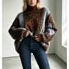 Damen Oversize Leopard Muster Strickpullover Lockerer Sitz Hoher Kragen Langarm Herbst Winter Oberteil
