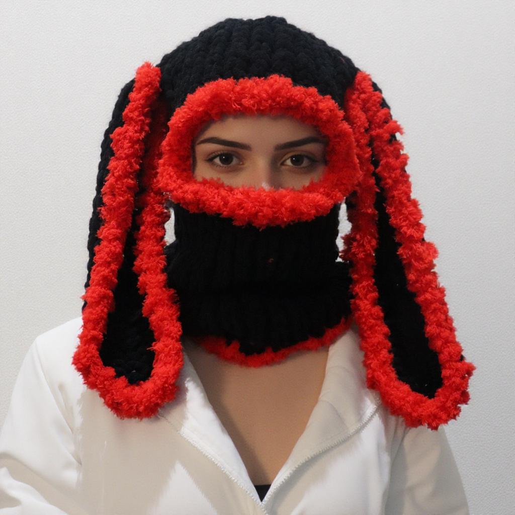 Handmade Knitted Long-eared Rabbit Head Cover Hat Balaclava Thermal Hat European and American Ski Cold Ear Protection Hat