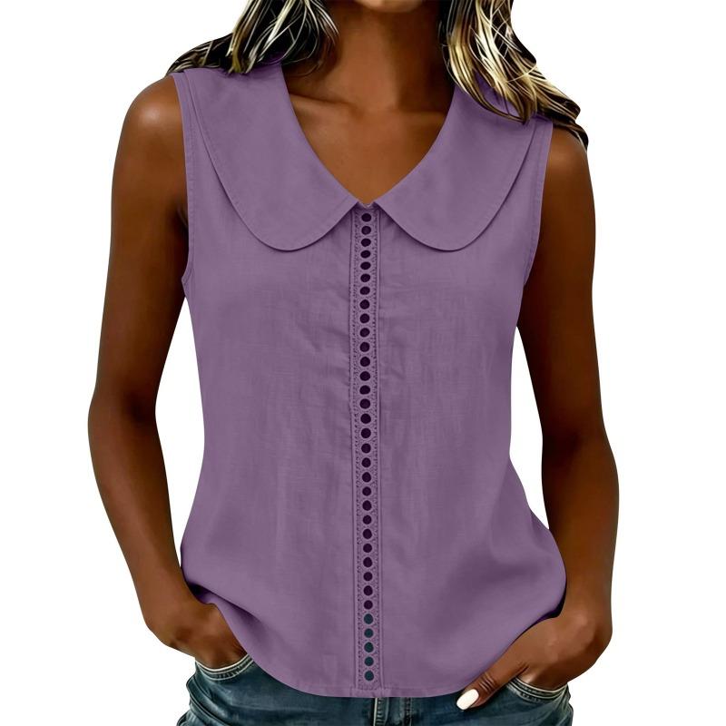 Women's Peter Pan Collar Sleeveless Blouse Eyelet Detail Casual Tank Top