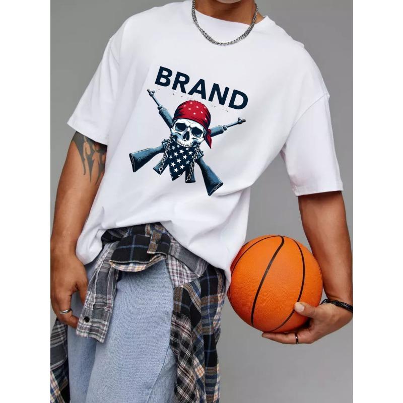 Crew Neck T Shirt White Skull with American Flag Bandana and Crossed Guns Brand Logo Print Casual Wear for Men