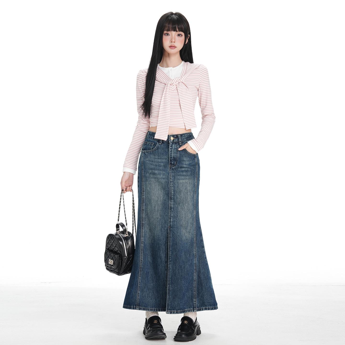 

Front Slit Retro High-Waisted A-Line Denim Skirt for Women - 2025 Autumn/Winter Hip-Hugging Mermaid Style S