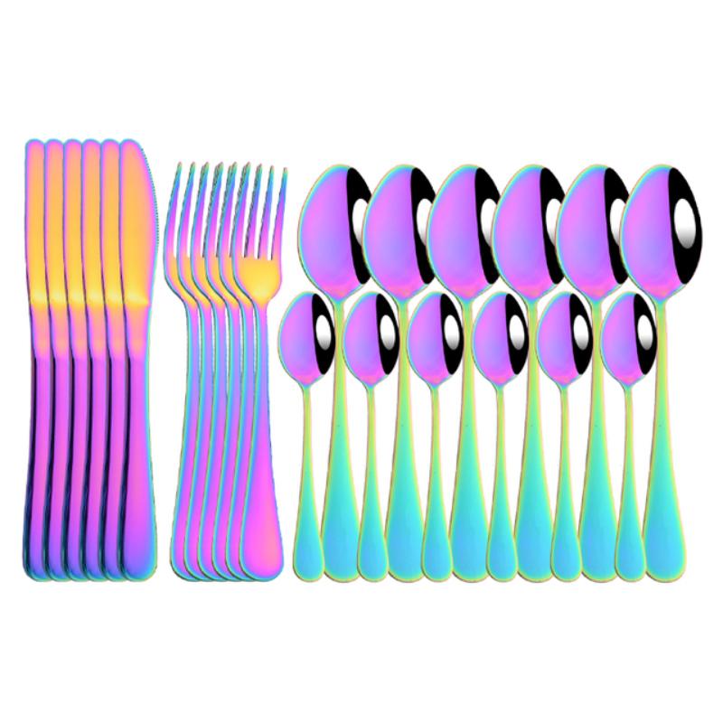 24Pcs Rainbow Color Flatware Set With Storage Rack Stainless Steel Mirror Polished Silverware Cutlery Set Tableware Include Fork Spoon Knife