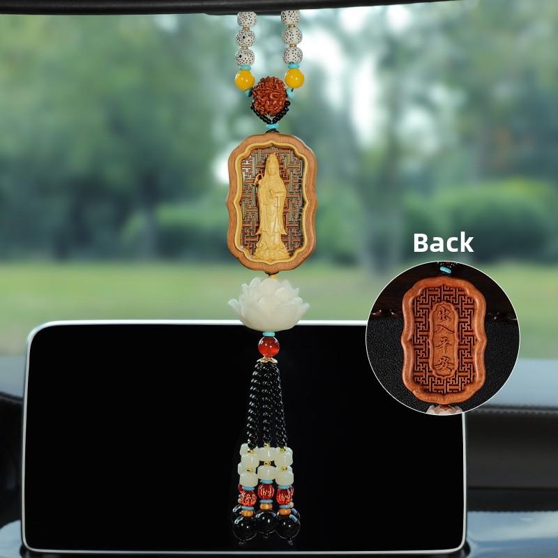Traditional Car Pendant With Peach Wood Dragon And Lotus For Safe Driving