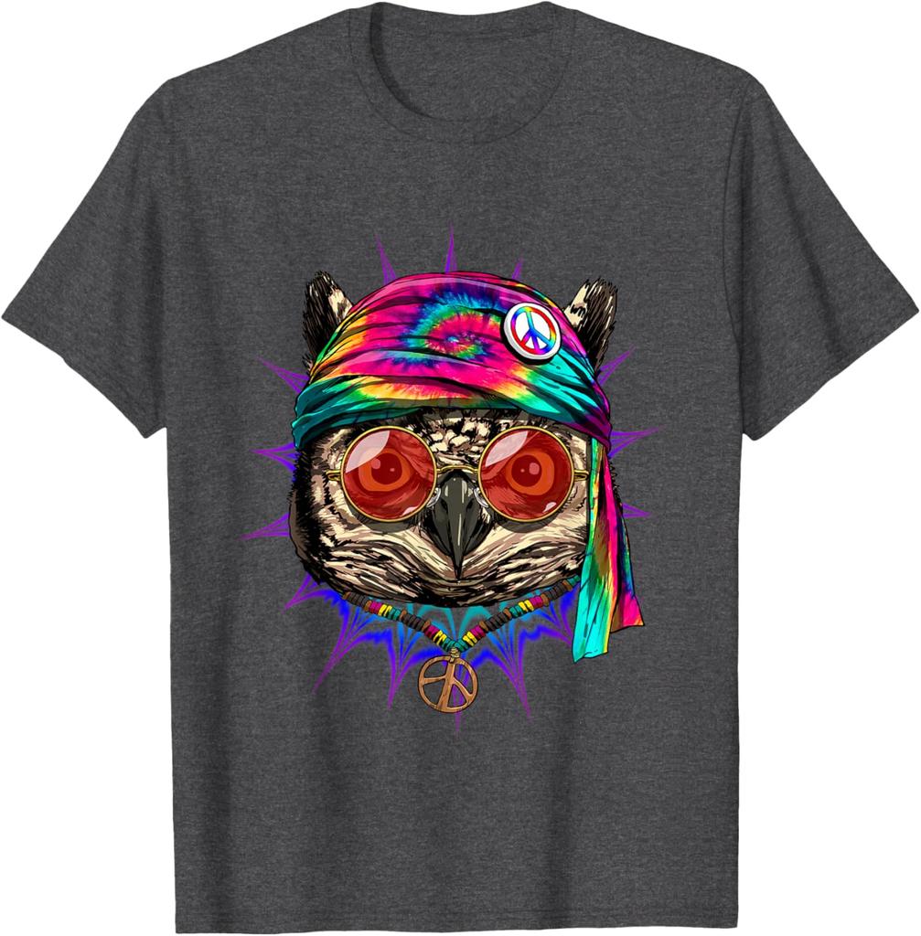 Tie Dye Hippie Owl Graphic Tee Men Casual Cotton Short Sleeve Trip T-Shirt