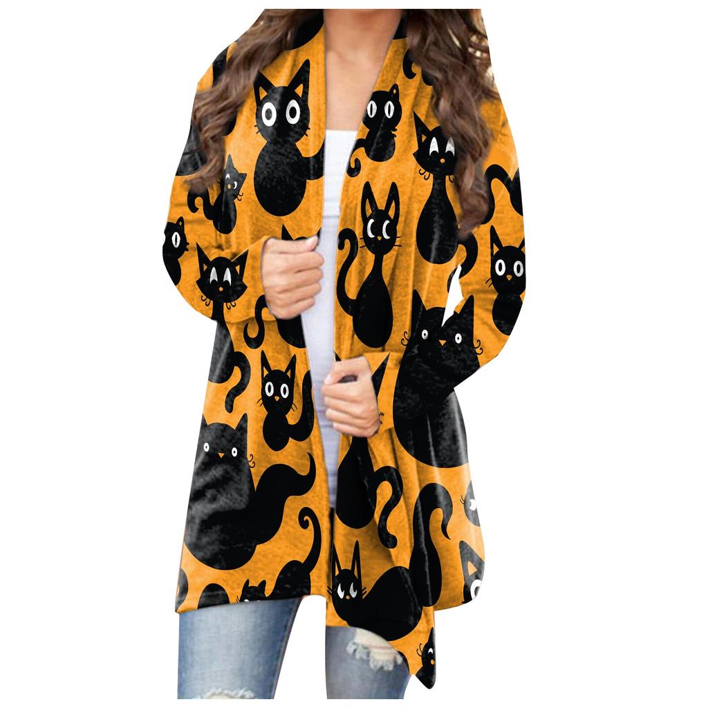 Fashion Women's Halloween  Cat  Print Long Sleeve Cardigan Jacket