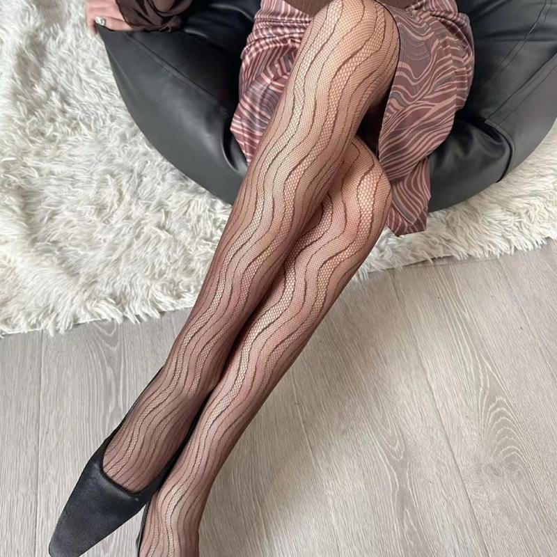 Women Sexy Hollow-Out Fishnet Pantyhose Water Ripple Striped Patterned Bottoming Leggings Fine Mesh Tights Stockings