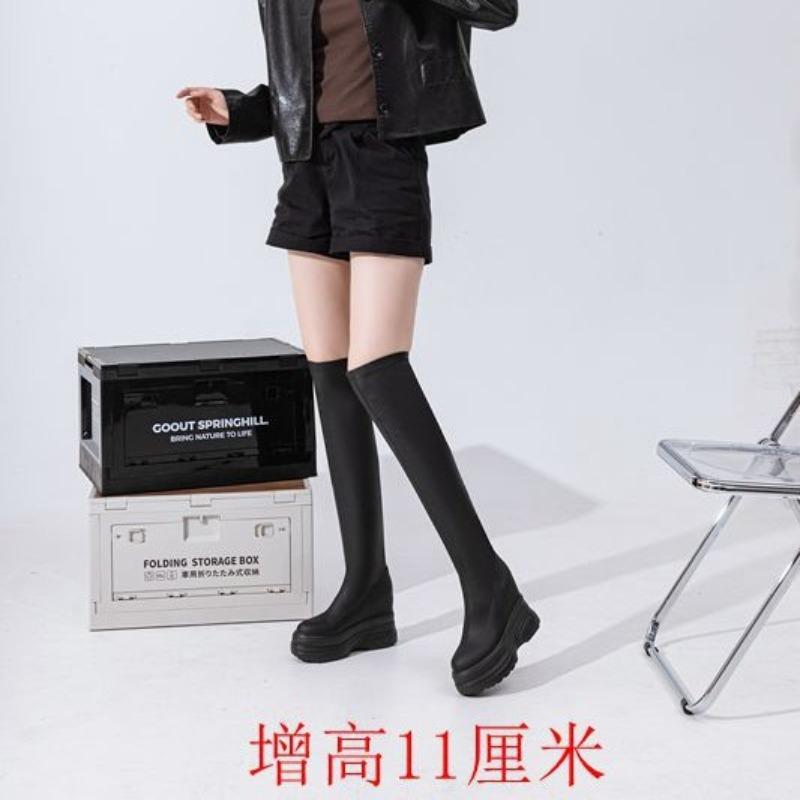 Fashion 11CM Microfiber Leather Platform Wedge Knee High Booties Women Autumn Slip On Spring Chimney Hidden Heels Over The Shoes