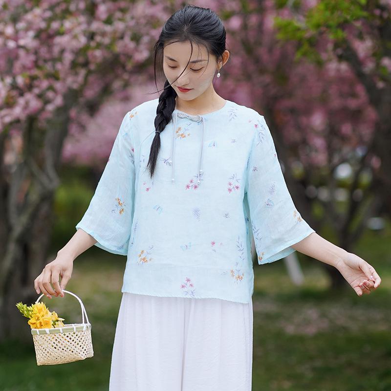 

Женский летний топ из хлопка и льна в стиле ретро, с принтом в китайском стиле, 2024 XL (Recommended 120-145 lbs) небесно-голубой