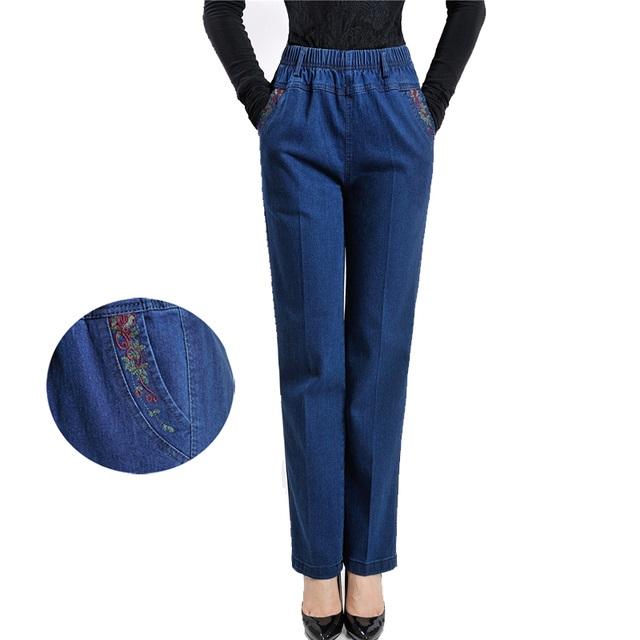 Middle-aged Women's Jeans Loose Denim Trousers Casual Female Stretch-waist Straight-leg Pants