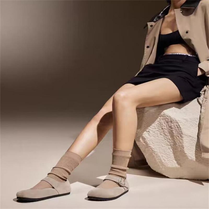 Mode 2024 Neue Weibliche Sandale Retro Frau Schuhe Runde Kappe Flach Mund Mädchen Original Geschlossen Kork Flache Slipper Schnalle Grundlegende