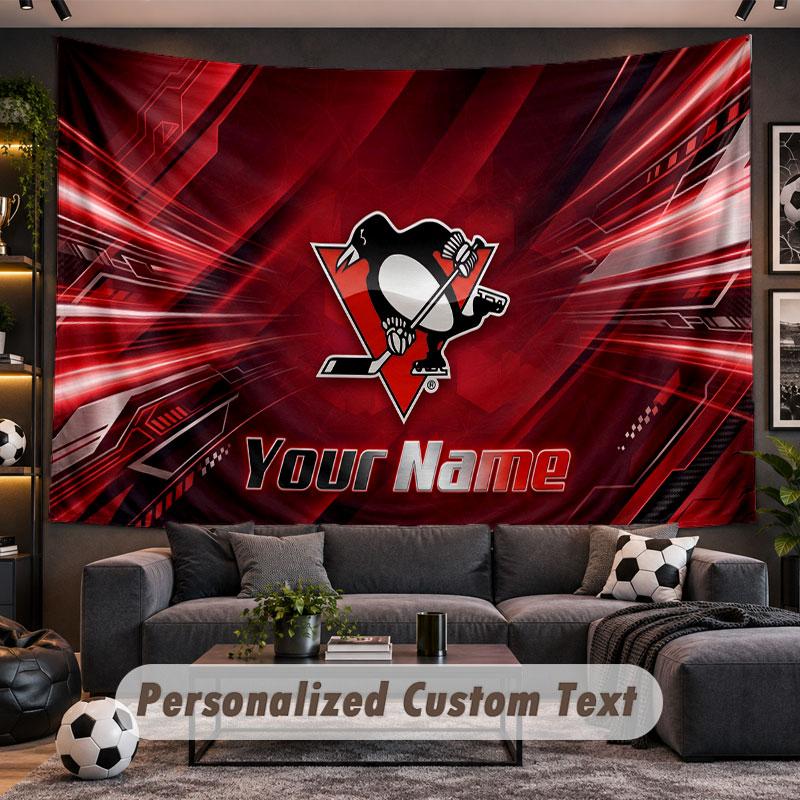 Wall Hanging Tapestry Custom NamePittsburgh Penguins Pattern Personalized Printed Fabric Wall Decor
