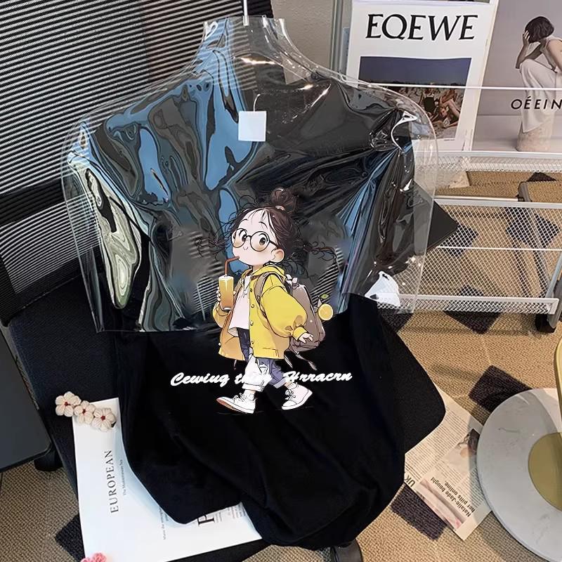 Women's Summer 2026 Cartoon Printed White Loose-Fit Short-Sleeve T-Shirt, Plus Size, Round Neck, Mid-Length, Fashionable.