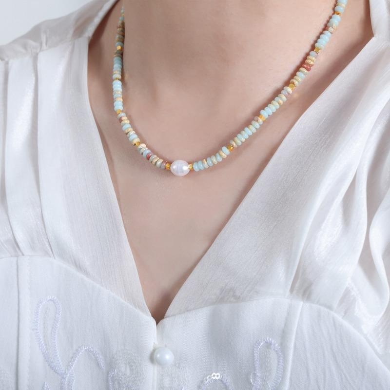 Gold Plated Light Blue Natural Stone Beaded Baroque Pearl Necklace