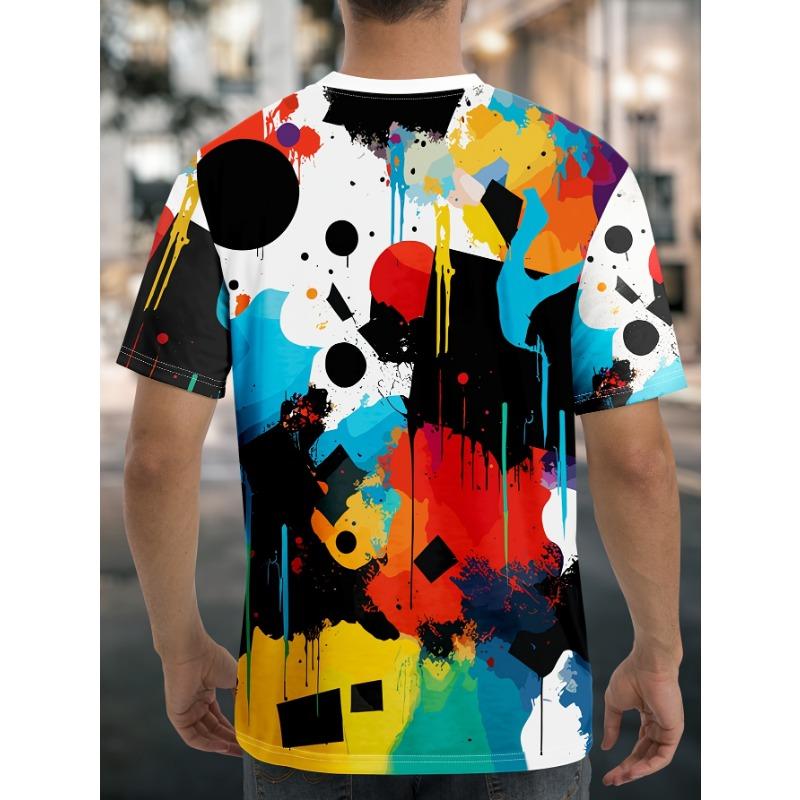 Herren Buntes Abstraktes Graffiti 3D-Bedrucktes T-Shirt Lässiges Kurzarm Rundhals Oberteil Coole Farbspritzer Geometrische Grafik Sommer Streetwear T-Shirts