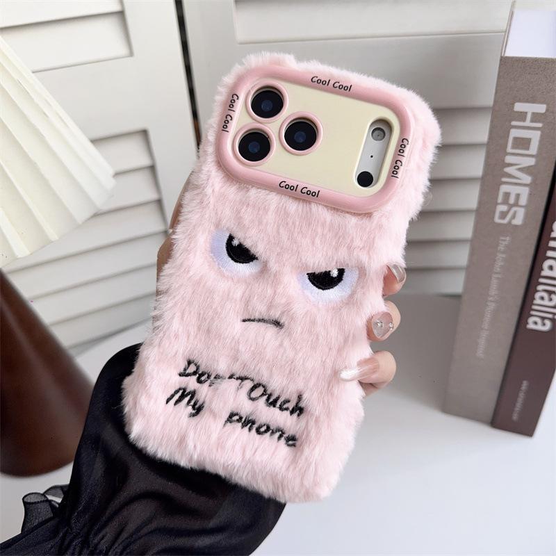 Cartoon Angry Face Expression Fluffy Plush Phone Case For iPhone Air 11 12 14 13 15 16 17 Pro Max Lens Bracket Shockproof Cover