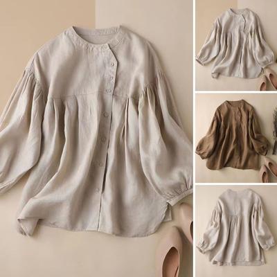 Women Retro Casual Shirt O-neck Lantern Long Sleeve Single Breasted Shirt Top Splicing Design Loose Fit Solid Color Blouse