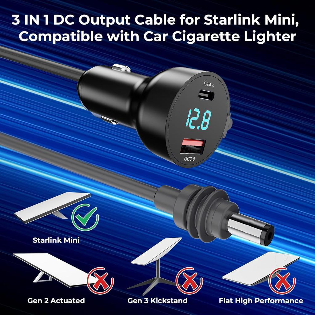 3 in 1 Starlink Mini Cable 10FT, Starlink Mini Car Charger DC Power Cable+Cigarette Lighter Adapter 12V-48V with Digital Display, Durable USB C PD