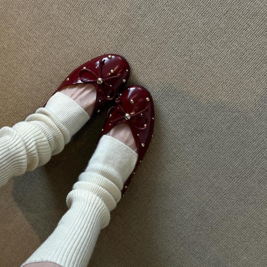 Women's Shoes Soft Leather Comfortable Flat Shoes Autumn New French Bow Ballet Commuter Rivets Decorated Zapatos De Mujer