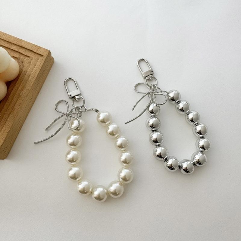 Bowknot Pearl Hoop Charm Keychains Sweet Cute Pendant Hanging Ornament Keyring Backpack Decoration for Women Girls
